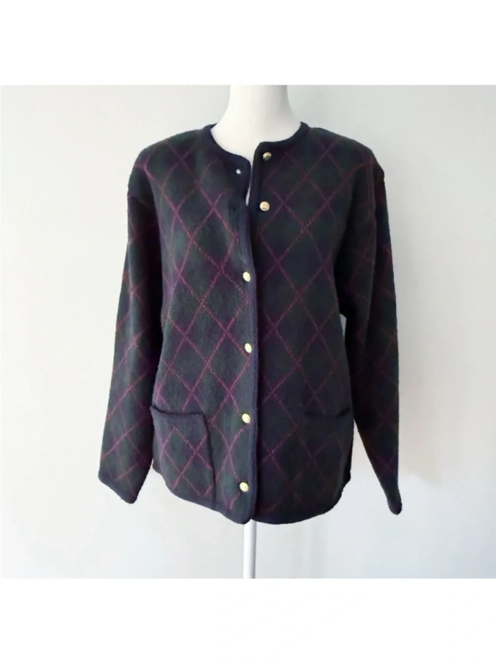 Vintage Women 90s Classic Argyle Plaid Cardigan Medium Academia Preppy Teacher
